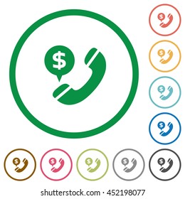 Set of dollar money call color round outlined flat icons on white background