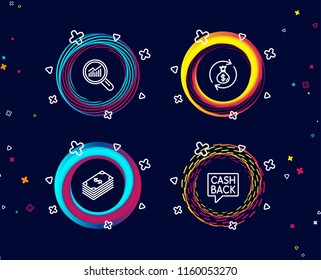 Set of Dollar, Money exchange and Data analysis icons. Money transfer sign. Usd currency, Cash in bag, Magnifying glass. Cashback message.  Circle banners with line icons. Gradient colors shapes