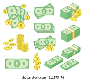 Set of dollar money icons. Bundles of banknotes, stacks of gold coins. Piles of cash. Stylized USA currency objects isolated on white. Vector eps10 illustration in flat style.