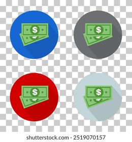 Conjunto de icono de papel moneda de dólar, símbolo en el fondo de color. Diseño aislado de Vector .