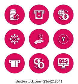 Set Dollar plant, Cryptocurrency exchange, Coin money with Yen, Credit card inserted, Dollar, share, network, Money and pound icon. Vector