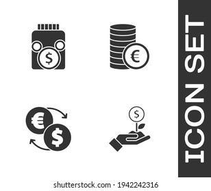 Set Dollar plant, Glass money jar with coin, Money exchange and Coin euro symbol icon. Vector