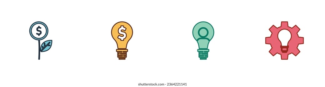 Set Dollar plant, Light bulb with dollar, Head lamp and and gear icon. Vector