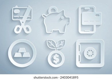 Set Dollar plant, Mobile banking, Gold bars, Safe, Piggy y Scissors cortar icono de tarjeta de crédito. Vector