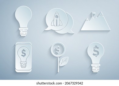 Set Dollar plant, Mountains with flag, Light bulb dollar on mobile, Startup project concept and of idea icon. Vector