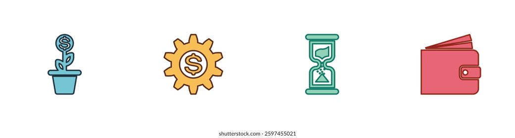 Set Dollar plant in the pot, Gear with dollar symbol, Old hourglass and Wallet icon. Vector