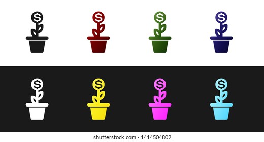Set Dollar plant in the pot icon isolated on black and white background. Business investment growth concept. Money savings and investment. Vector Illustration