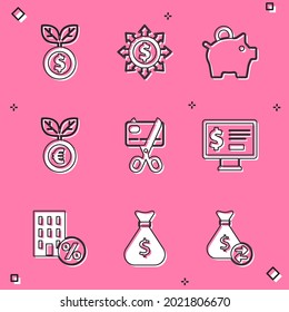 Set Dollar plant, Dólar, share, network, Piggy bank, Euro, Scissors cortar tarjeta de crédito, Monitor con dólar, Descuento del percant de la casa e icono de la bolsa de dinero. Vector