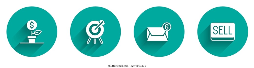 Set Dollar plant, Target financial goal, Mail and e-mail and Sell button icon with long shadow. Vector