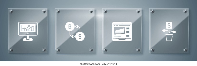 Set Dollar plant, Trading courses, Cryptocurrency exchange and Computer with growth graph. Square glass panels. Vector