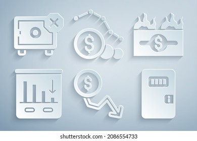 Set Dollar rate decrease, Burning dollar bill, Pie chart infographic, Prison cell door,  and Safe icon. Vector