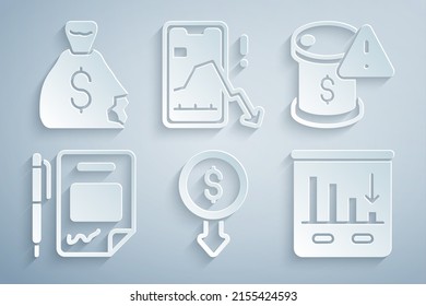 Set Dollar Rate Decrease, Drop In Crude Oil Price, Contract Money And Pen, Pie Chart Infographic, Mobile Stock Trading And Money Bag Icon. Vector