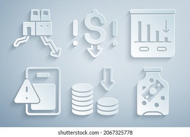 Set Dollar rate decrease, Pie chart infographic, Global economic crisis, Glass money jar with coin,  and Shutdown of factory icon. Vector