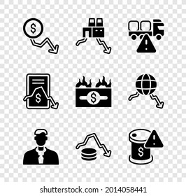 Set Dollar rate decrease, Shutdown of factory, Stop delivery cargo truck, Worker, Drop in crude oil price, Mobile stock trading and Burning dollar bill icon. Vector