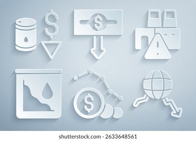 Set Dollar rate decrease, Shutdown of factory, Drop in crude oil price, Global economic crisis,  and  icon. Vector