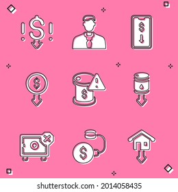 Set Dollar rate decrease, Worker, Mobile stock trading, Drop crude oil price, Safe and Debt ball chained coin icon. Vector