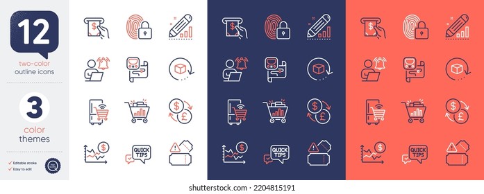 Set of Dollar rate, Refrigerator and Quick tips line icons. Include Tickets, Seo shopping, Edit statistics icons. User notification, Atm service, Return package web elements. Lock. Vector