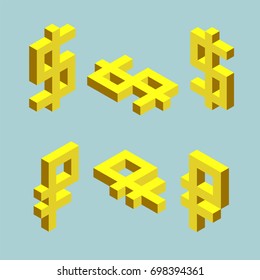 Set of dollar and ruble signs. Cubes form, isometric US and russian currencies icons, vector illustrations