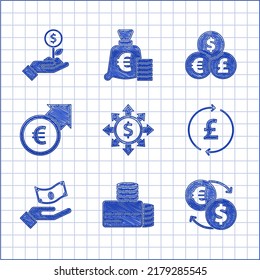 Set Dollar, share, network, Credit card, Money exchange, Coin money with pound, Hand holding, Financial growth euro, Currency and plant icon. Vector