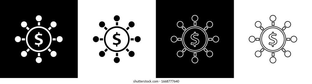 Set Dollar, share, network icon isolated on black and white background.  Vector Illustration