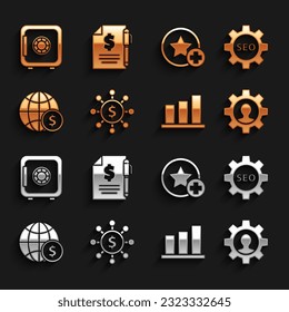 Set Dollar, share, network, Seo tag with gear wheel, Human inside, Pie chart infographic, Earth globe dollar, Star, Safe and Contract money and pen icon. Vector