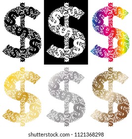 Set of dollar signs made of smallers dollar signs - black and white, rainbow, gold, silver and bronze; isolated on white or black background, USA money unusual sign