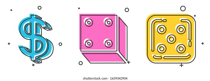 Set Dollar symbol, Game dice and Game dice icon. Vector
