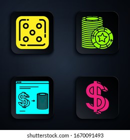 Set Dollar symbol, Game dice, Online casino chips exchange on stacks of dollars and Casino chips. Black square button. Vector