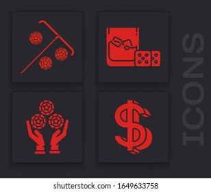 Set Dollar symbol, Stick for chips, Game dice and glass of whiskey with ice cubes and Hand holding casino chips icon. Vector