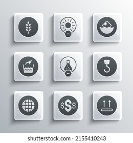 Set Dollar symbol, Temperature wash, Industrial hook, Test tube and flask, Social network, Hand laundry, Wheat and Carton cardboard box icon. Vector
