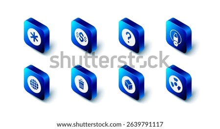 Set Dollar symbol, Unknown search, Lactose free, Radioactive, Carton cardboard box, Trash can, Social network and Medical of the Emergency icon. Vector