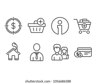 Set of Dollar target, Add products and Human icons. Add purchase, Couple and Payment method signs. Aim with usd, Shopping cart, Person profile. Vector