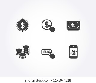 Set of Dollar target, Euro currency and Tips icons. Buy button, Buy currency and Smartphone statistics signs. Aim with usd, Eur banking, Cash coins. Online shopping, Money exchange, Mobile business