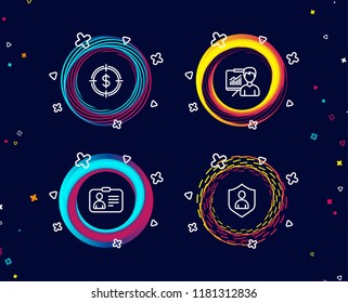 Conjunto de ícones Dollar target, Presentation e Id card. Sinal de segurança. Mira com usd, Conselho de Educação, Documento humano. Proteção privada.  Circule os banners com ícones de linha. Formas de cores de gradiente. Vetor