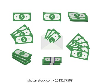 Set of dollars icons. Single bills, money in packs, a dollar in an envelope, 3 and 5 banknotes each. Vector flat illustration isolated on white background.