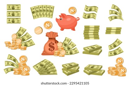 Set of dollars, money, gold coins, money bag and piggy bank. The concept of wealth, success, savings, banking, finance, investment, game, casino. Vector isolated on white background.