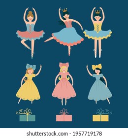 Set of dolls ballerinas and boxes of presents. Vector illustration. 