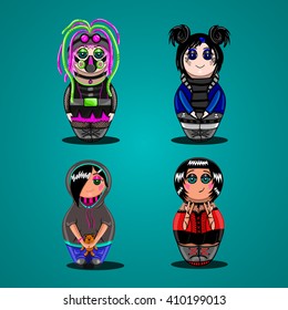 A set of dolls of different subcultures. Emo, goth, rocker, cyber-goth. Cartoon doll.