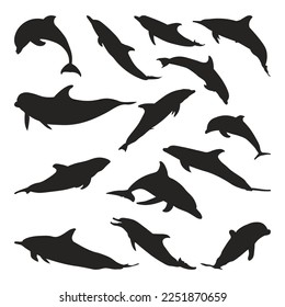 Set of dolphin animal silhouettes of various styles