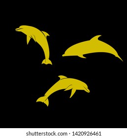 set dolphin gold color silhouette black background isolated logo icon design vector illustration