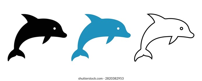 Set of dolphin icons in black filled, blue filled, and black line art styles.