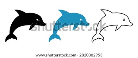 Set of dolphin icons in black filled, blue filled, and black line art styles.