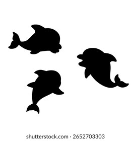 Conjunto de silhuetas de golfinho em diferentes poses divertidas. Simples ícones de vetor preto ideal para projetos marinhos, de vida selvagem e aquáticos