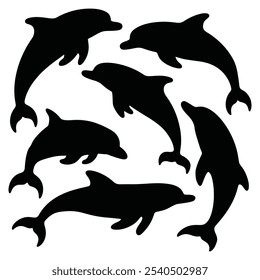 Conjunto de siluetas de delfines nadando. Vector aislado sobre fondo blanco.