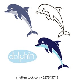 Set of  dolphins  isolated on white background. Hand drawn vector illustration, sketch, elements for design.