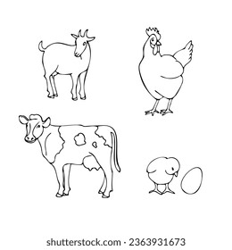 set of domestic animals: cow, goat, hen, chick and egg. vector illustration in cartoon style.