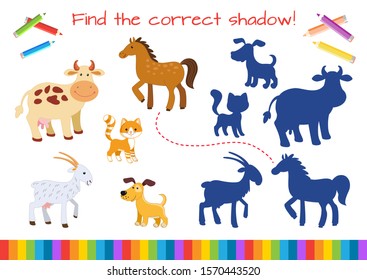 Set of domestic animals: cow, horse, goat, cat, dog Educational mini-game for children. Cartoon vector illustration