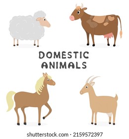 Set of domestic animals. Vector illustration: sheep, horse, goat, cow. Cute animals, flat design