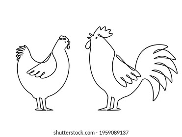 Set of domestic birds from the farm. Rooster, hen are drawn with one continuous line. template for the poultry farm. vector linear logo illustration isolated on white background