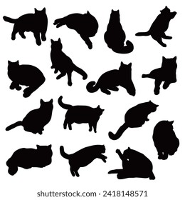 Set of domestic cat silhouettes. Cats sleeping, lying on the floor, resting, washing themselves